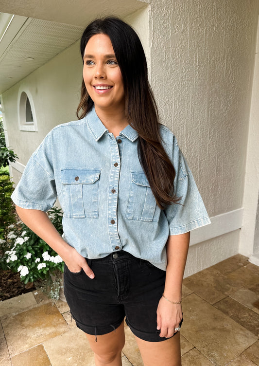 Chambray Denim Button-Up Tee